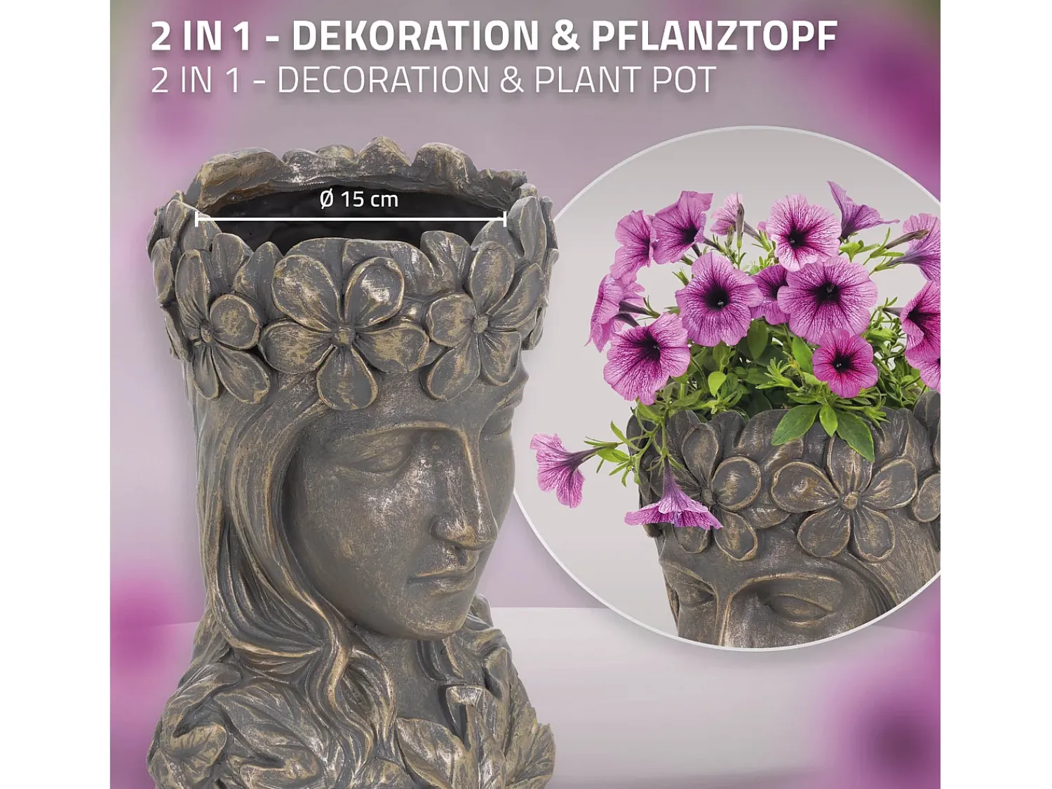 ML-DESIGN Macetero^Figura decorativa maceta 21 x 16 x 32 cm jarrón florero forma de cara Bronce