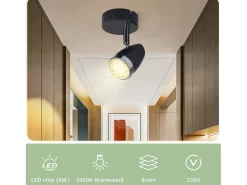 Best NETTLIFE Foco de techo LED , 1 bombilla moderna, 4 W, , blanco cálido, 3000 K, ajustable 350° Negro