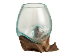 Outlet J-Line Jarrón de vidrio sobre base de madera 13*10*11 cm Transparente