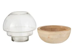 Outlet J-Line Jarrón redondo en base de madera con vidrio natural de 25x25x22.5 cm Marru00f3n