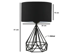 Juego de 2 lámparas de mesa de metal negro y pantalla tela negro - 24 x 15 x 41 cm - ANAIA