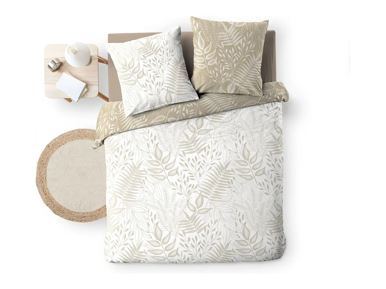 Juego de cama reversible Cassia 240x220 cm en algodón 100% Oeko-Tex con motivo floral beige con 2 fundas de almohada 63x63 cm