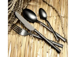 Juego de cubiertos de 16 piezas Karma Negro mate - Decoración vegetal de bambú - Acero inoxidable - Caja de regalo