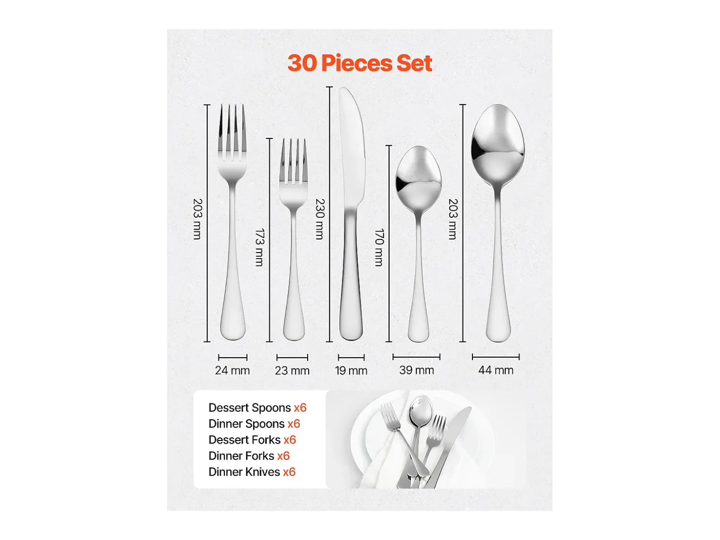 Juego de Cubiertos Juego de Cubiertos de Acero Inoxidable de 30 Piezas, para 6 Personas, para Utensilios de Cocina.