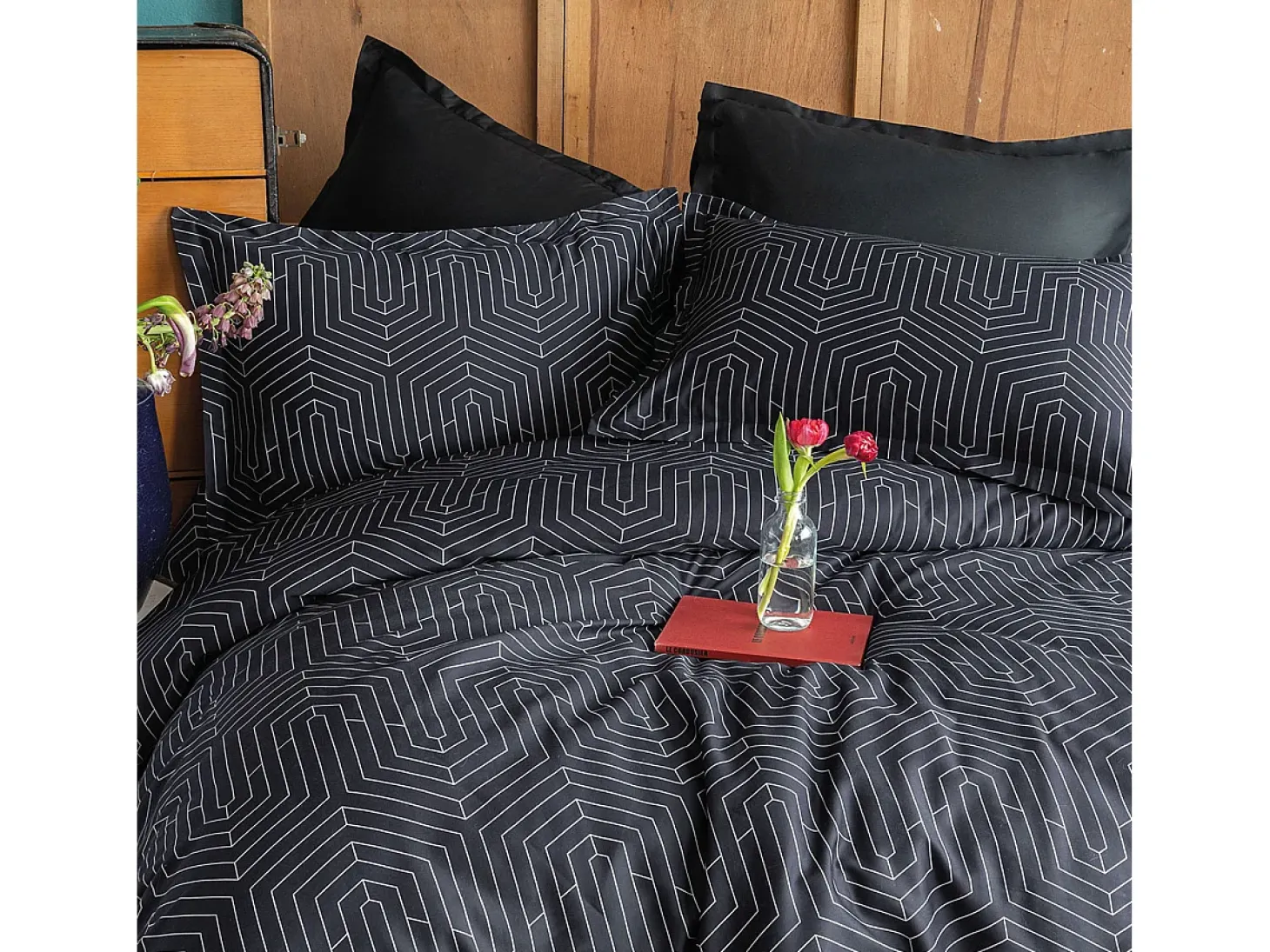 Juego de funda de edredón 240x220 cm+ 2 fundas de almohada 63x63cm de satén de algodón "Strada black"
