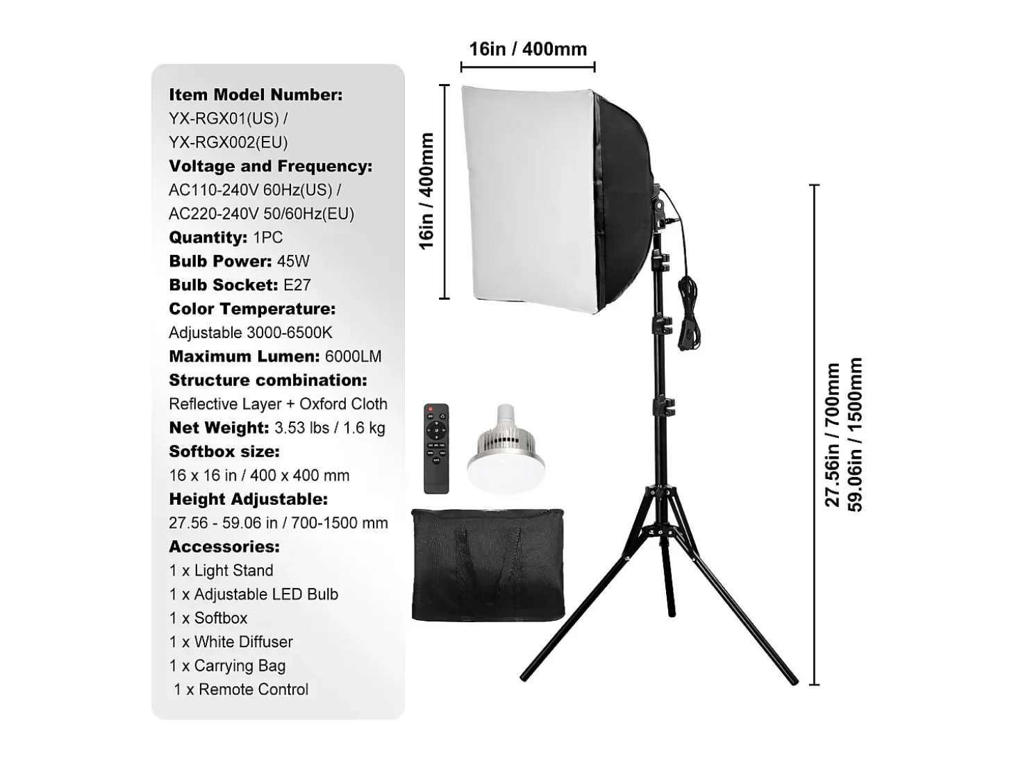 Kit de Iluminación Softbox SucceBuy, 41 x 41 Cm, 3000-6500K Ajustable para la Toma de Fotos