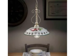 Ferroluce Lámpara Suspendida^Lampadario Classico Napoli Metallo E Ceramica Bianco Sfumato Oro 1 Luce E27 Blanco