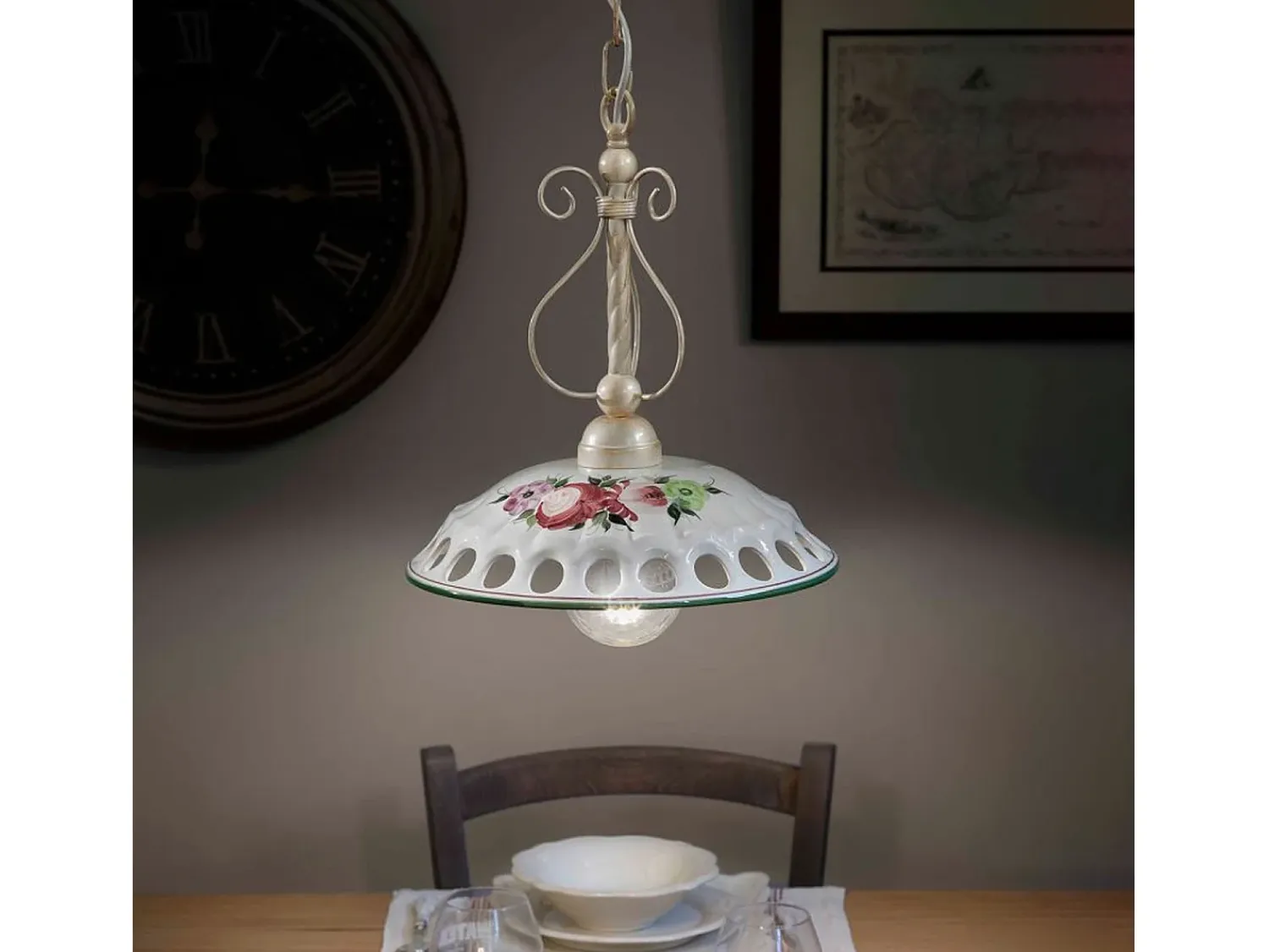 Ferroluce Lámpara Suspendida^Lampadario Classico Napoli Metallo E Ceramica Bianco Sfumato Oro 1 Luce E27 Blanco