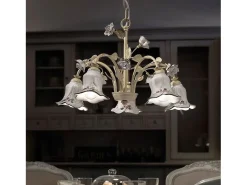 Lampadario Classico Pisa Metallo E Ceramica Bianco Sfumato Oro 5 Luci E14