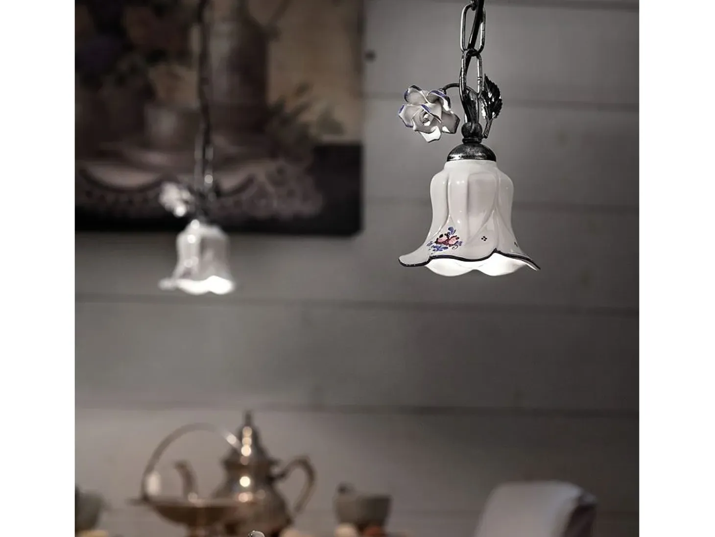 Lampadario Classico Pisa Metallo E Ceramica Nero Sfumato Argento 1 Luce E14