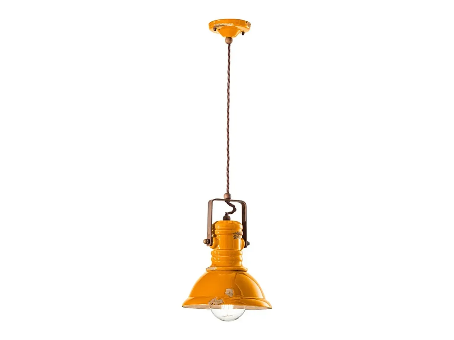 Ferroluce Lámpara Suspendida^Lampadario Industrial Ferro E Ceramica Vintage Giallo 1 Luce E27 23Cm Amarillo