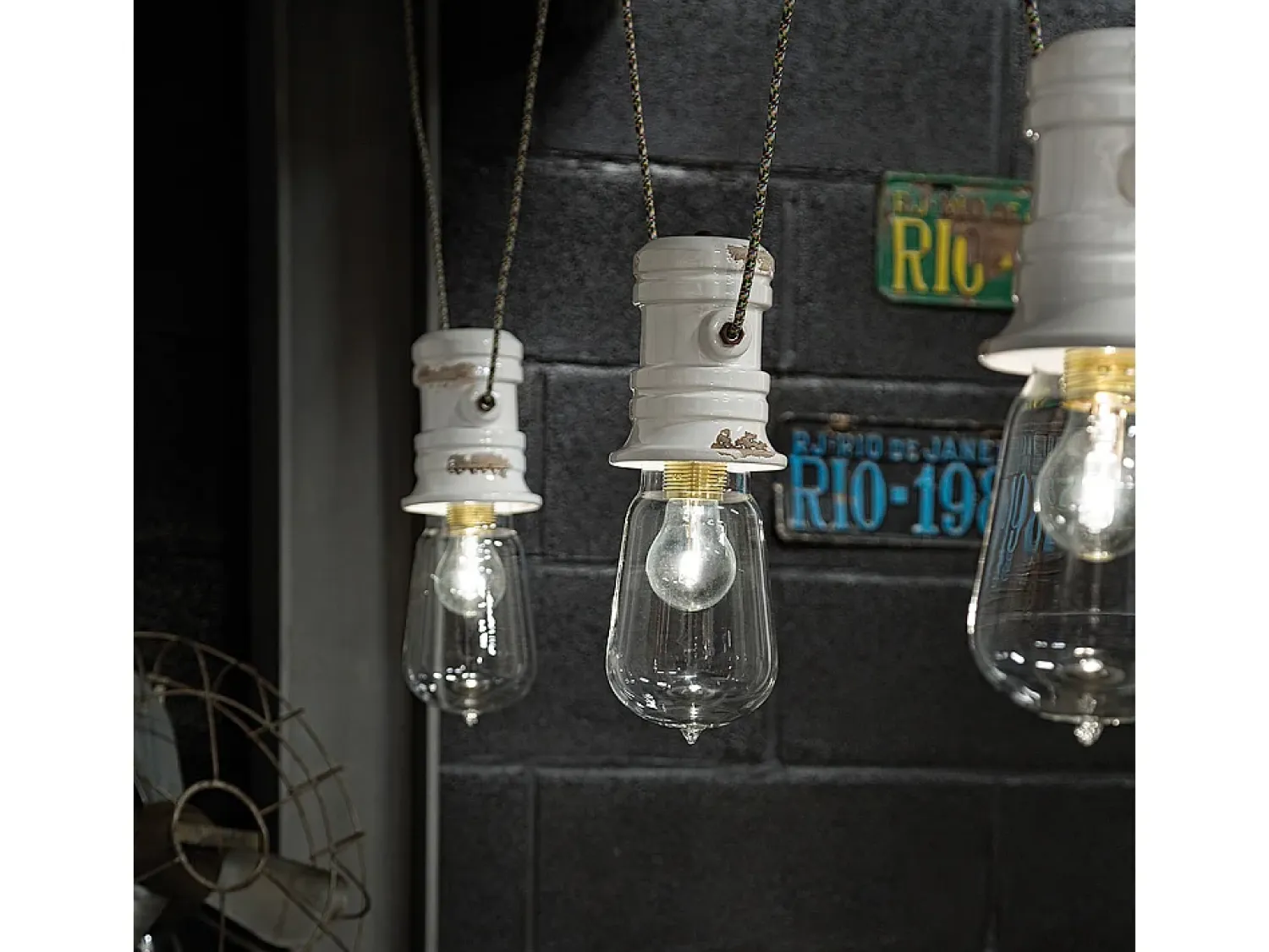 Sale Ferroluce Lampadario Industrial Minimal Urban Ferro E Ceramica Vintage Bianco 3 Luci E27 Blanco