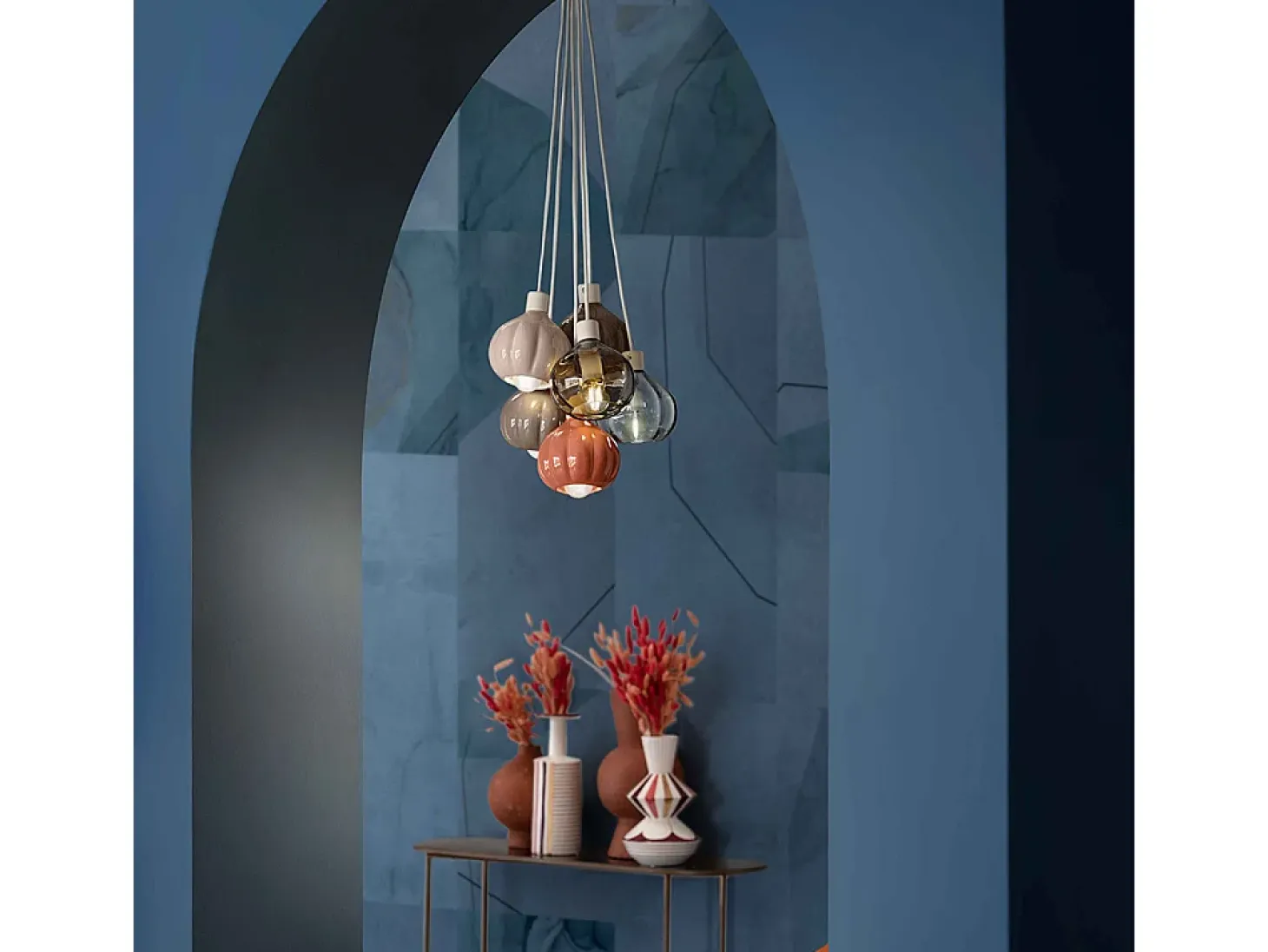 Lampadario Mix Vintage Decò Afoxe' Alluminio Ceramica Vetro 6 Luci E14