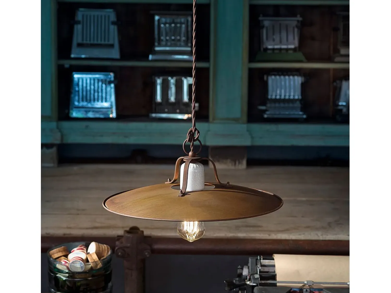 Ferroluce Lámpara Suspendida^Lampadario Vintage Grunge Ferro E Ceramica Craquele' 1 Luce E27 40Cm Marru00f3n chocolate