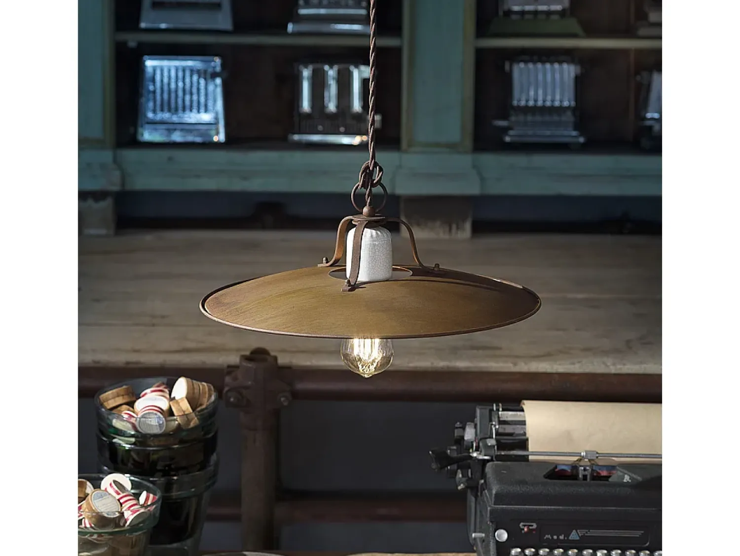 Ferroluce Lámpara Suspendida^Lampadario Vintage Grunge Ferro E Ceramica Craquele' 1 Luce E27 40Cm Marru00f3n chocolate