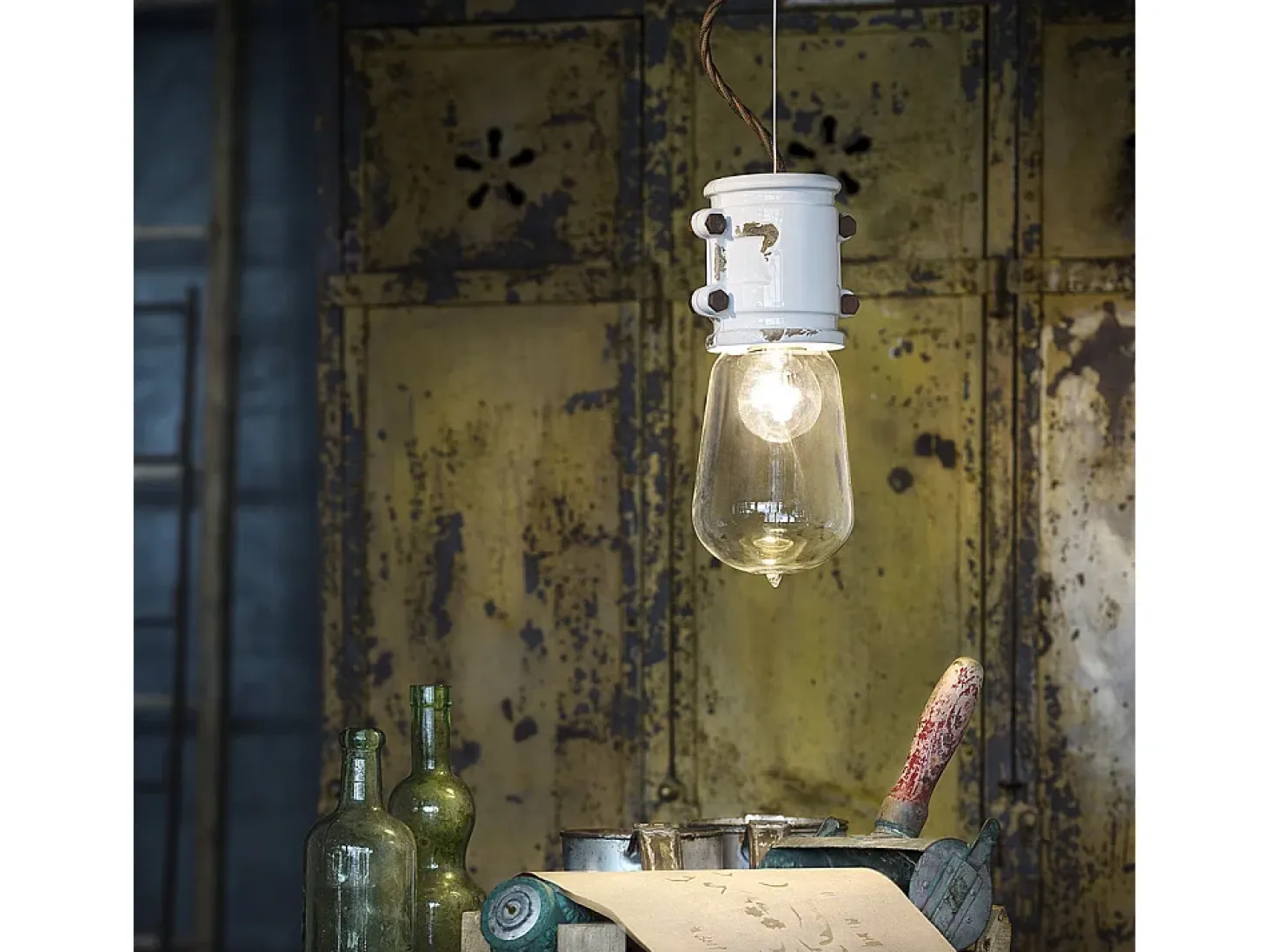 Lampadario Vintage Urban Ferro E Ceramica Bianco 1 Luce E27 12Cm