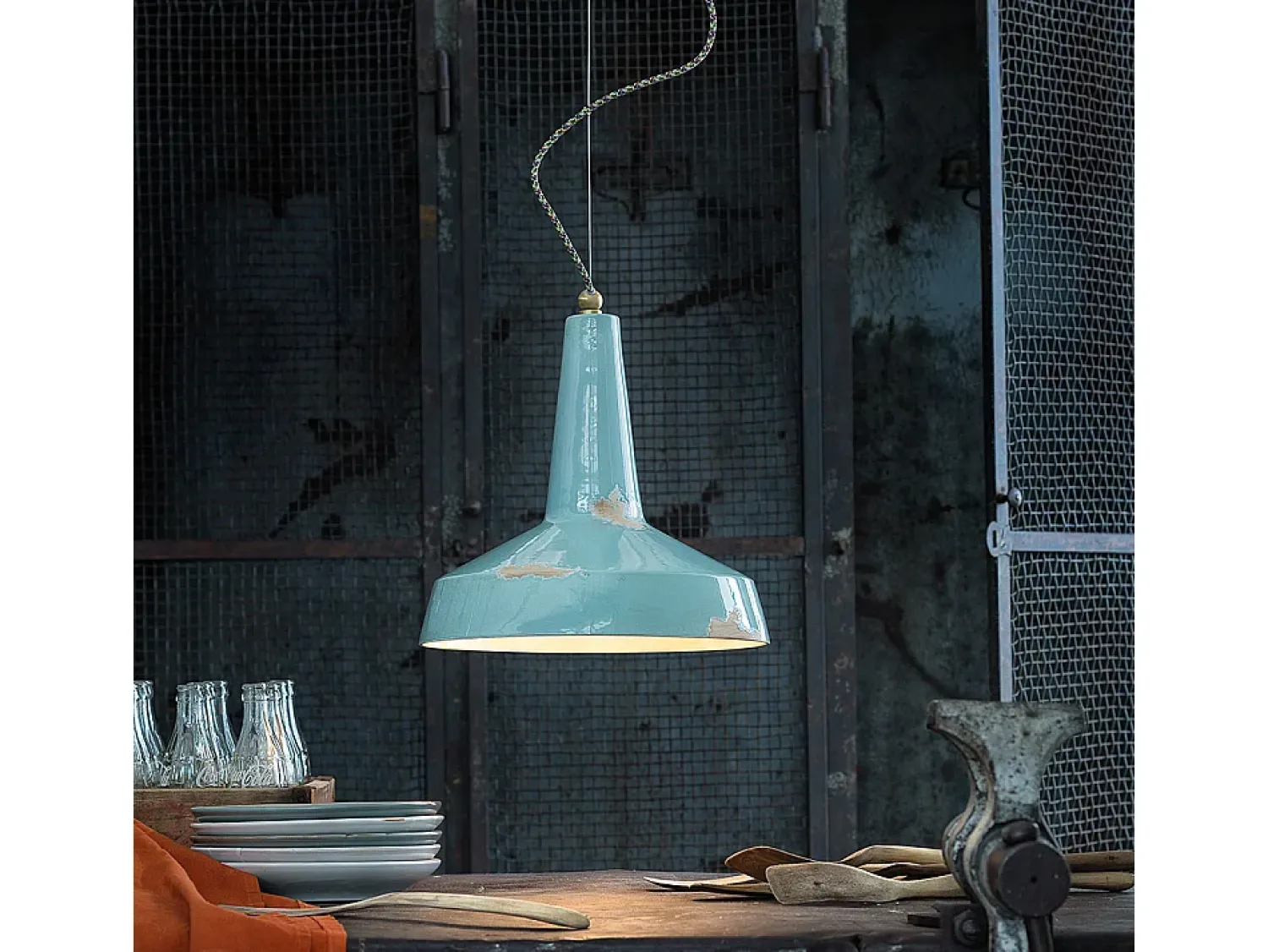 Ferroluce Lámpara Suspendida^Lampadario Vintage Vague Vintage Ferro E Ceramica Azzurro 1 Luce E27 35Cm Azul celeste
