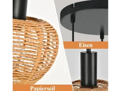 Outlet NETTLIFE Lámpara colgante de ratán bohemio con 3 luces - Lámpara de araña vintage de cuerda de cáñamo trenzada E27 - Iluminación (bombillas no incluidas) Marru00f3n