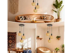 Outlet NETTLIFE Lámpara colgante de ratán bohemio con 3 luces - Lámpara de araña vintage de cuerda de cáñamo trenzada E27 - Iluminación (bombillas no incluidas) Marru00f3n