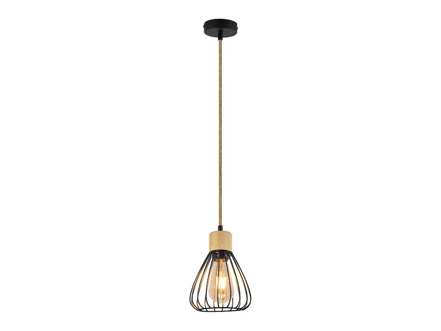 Clearance NETTLIFE Lámpara colgante para mesa de comedor, de metal , 1 llama, estilo retro industrial, madera, cuerda de cáñamo, E27 Negro