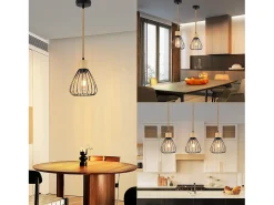 Clearance NETTLIFE Lámpara colgante para mesa de comedor, de metal , 1 llama, estilo retro industrial, madera, cuerda de cáñamo, E27 Negro