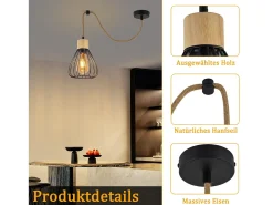 Clearance NETTLIFE Lámpara colgante para mesa de comedor, de metal , 1 llama, estilo retro industrial, madera, cuerda de cáñamo, E27 Negro