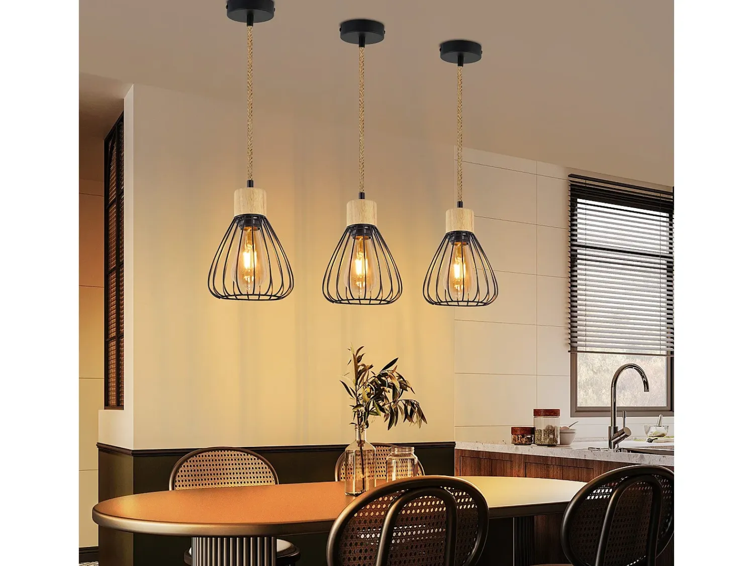 Clearance NETTLIFE Lámpara colgante para mesa de comedor, de metal , 1 llama, estilo retro industrial, madera, cuerda de cáñamo, E27 Negro