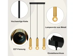 Outlet NETTLIFE Lámpara colgante dorada de 3 bombillas - Lámpara colgante para mesa de comedor E27 Lámpara colgante industrial de metal Negro