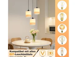 Best NETTLIFE Lámpara colgante vintage para mesa de comedor: 3 luces, pantalla de tela blanca, casquillo E27, estilo retro (bombillas no incluidas) Amarillo