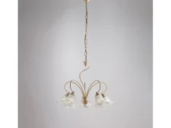 Lámpara Suspendida^Lámpara de araña Alice en hierro lacado con decoración. Difusores de oro antiguo y cristal d. 14 alabastro blanco 5 luces 106 Ø57 Marfil