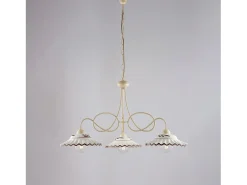 Lámpara Suspendida^Lámpara de araña Bistrot en hierro lacado y decoraciones. Efecto decapé con difusores cerámicos d. 30 blanco y marrón 3 luces 115 Ø80 Marfil