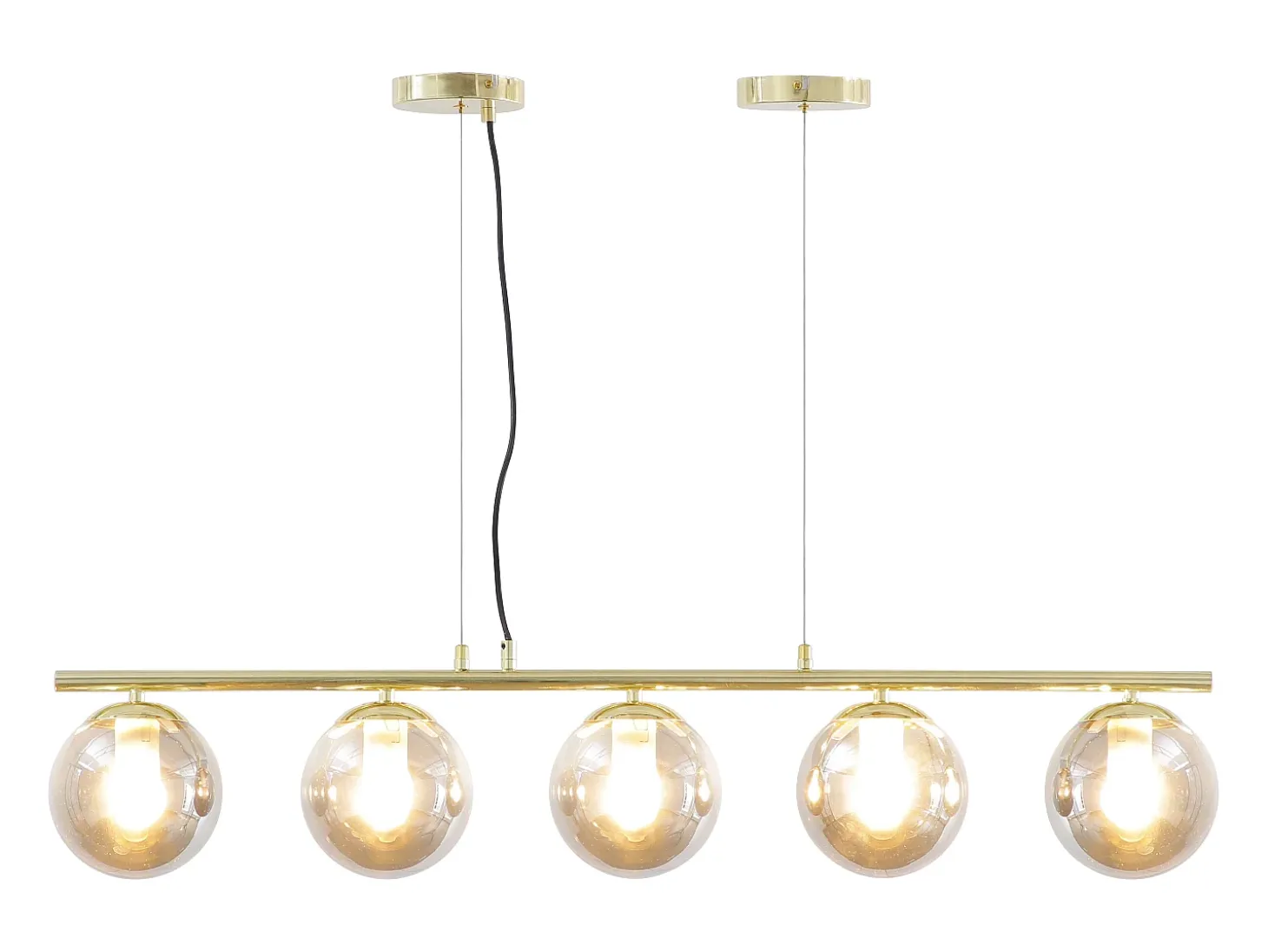 Lámpara de araña de metal y cristal ahumado brillante 5 globos, L. 100 x Alt. 120 cm, Dorado, SOFIA
