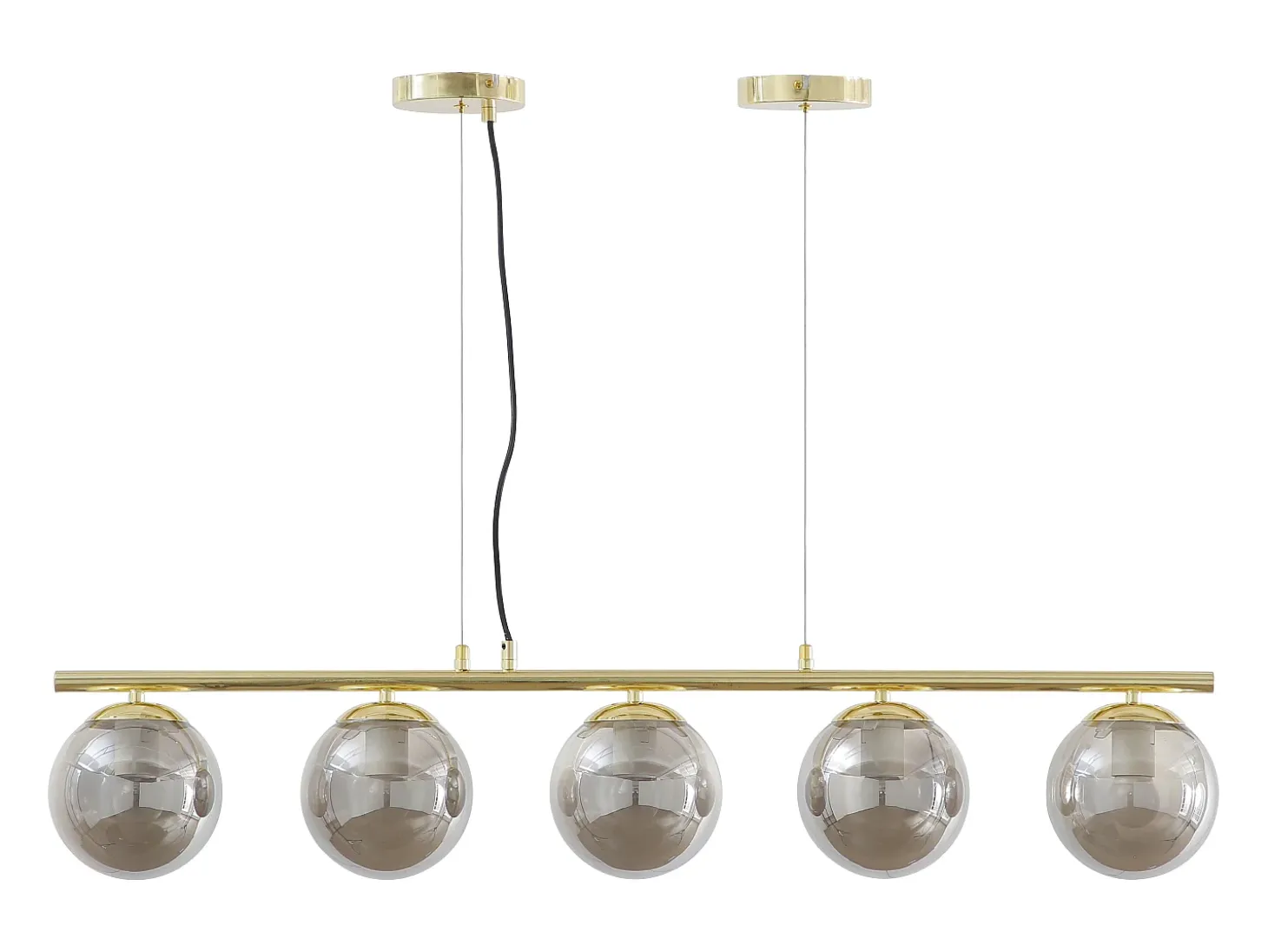 Lámpara de araña de metal y cristal ahumado brillante 5 globos, L. 100 x Alt. 120 cm, Dorado, SOFIA