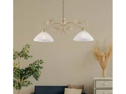 Outlet Lámpara de araña en hierro lacado en con dec. Difusores de oro antiguo y cristal d. 30 alabastro blanco 2 luces L. 96 X 30 Marfil