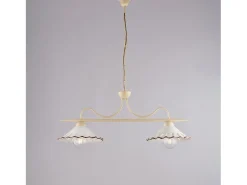 Lámpara Suspendida^Lámpara de araña Osteria en hierro lacado y dec. Efecto decapé con difusores cerámicos d. 30 blanco y marrón 2 luces L. 83 X 30 Marfil