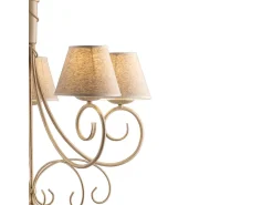 Lámpara Suspendida^Lámpara de araña vienesa en hierro lacado con decoración. Oro antiguo y pantallas de lámparas d. 13 en pvc efecto tela de yute 5 luces 118 Ø60 Marfil