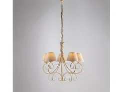 Lámpara Suspendida^Lámpara de araña vienesa en hierro lacado con decoración. Oro antiguo y pantallas de lámparas d. 13 en pvc efecto tela de yute 5 luces 118 Ø60 Marfil