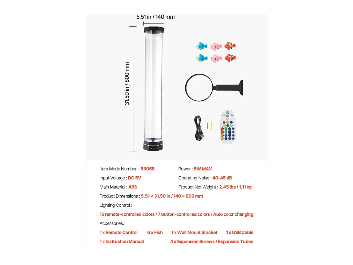 Lámpara de Burbujas SucceBuy con 6 Peces Flotantes, 80 cm, 16 Efectos de Luces Cambiantes de Color, Lámpara de Ambiente para Dormitorio, Salón