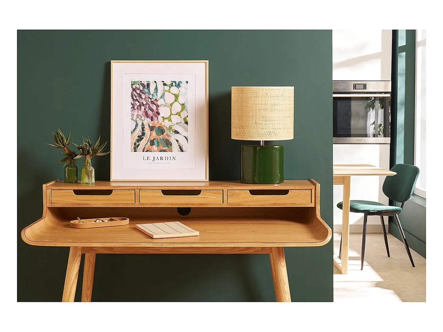 Lámpara de mesa de cerámica verde oscuro con pantalla de rafia natural 40 cm TIGA