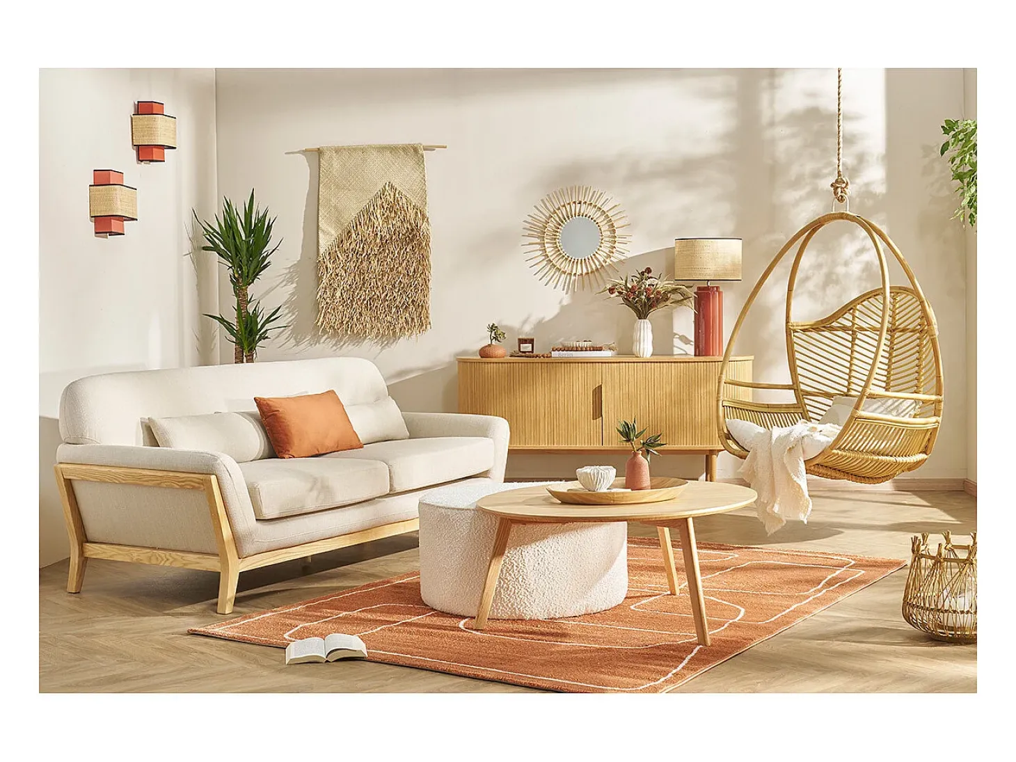 Lámpara de mesa de cerámica esmaltada terracota con pantalla de rafia natural 64 cm MAJES