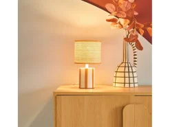 Lámpara de mesa interior cerámica pantalla de efecto de mimbre mostaza