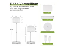 Best NETTLIFE Lámpara de mesa LED inalámbrica , funciona con pilas, regulable de 3000 K a 6500 K, recargable por USB-C, altura ajustable, resistente al agua. Blanco