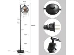 Outlet NETTLIFE Lámpara de pie de interior de 1 llama E27, lámpara de pie de cristal gris ahumado grande para sofá de oficina Negro