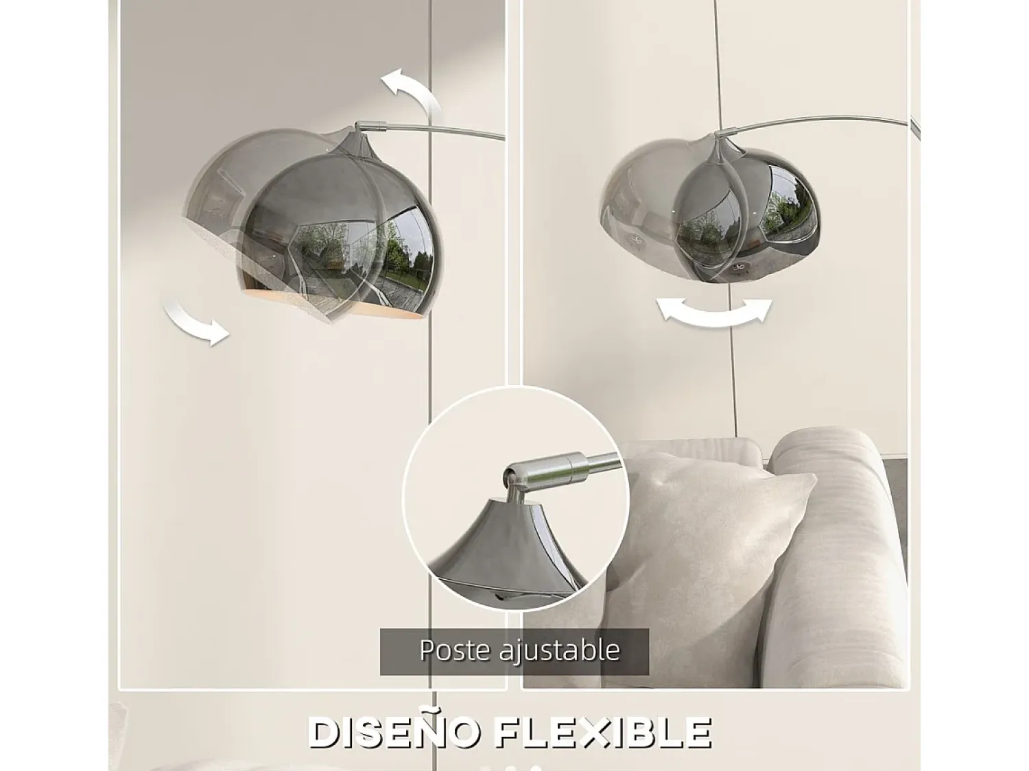 Homcom Lámpara De Pie^Lámpara de pie Modde 40W poste ajustable negro/plata 170-180x110-115x30 cm Plateado