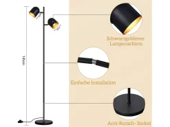 Lámpara de pie NETTLIFE 2 bombillas de metal dorado negro E14 Lámpara de pie industrial retro