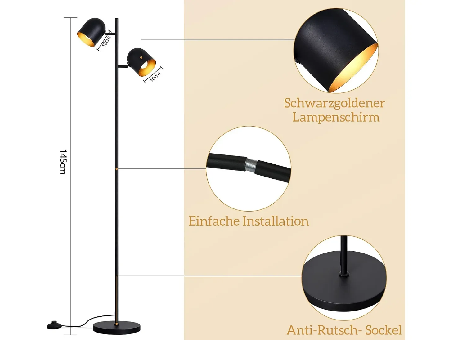 Lámpara de pie NETTLIFE 2 bombillas de metal dorado negro E14 Lámpara de pie industrial retro
