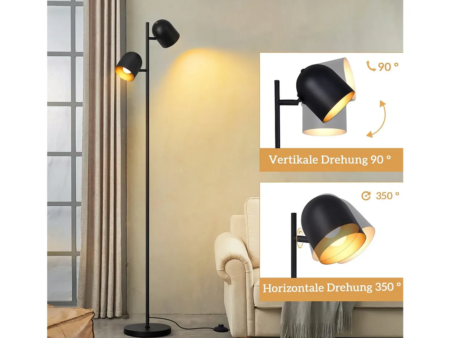 Lámpara de pie NETTLIFE 2 bombillas de metal dorado negro E14 Lámpara de pie industrial retro