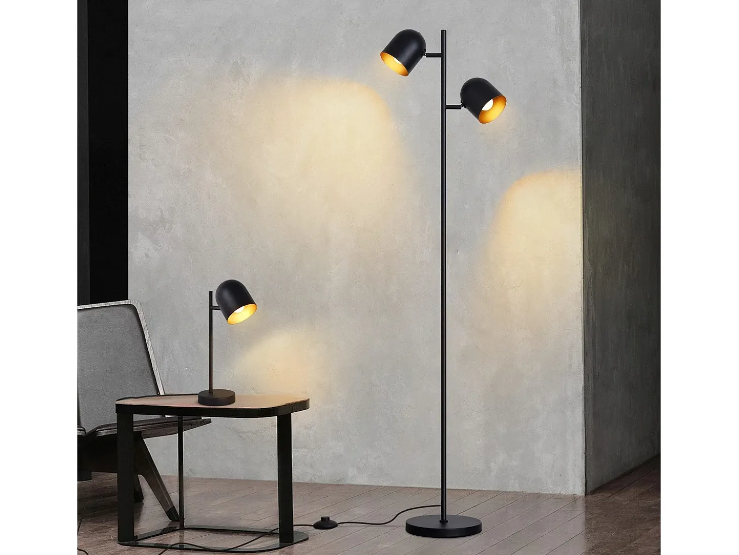 Lámpara de pie NETTLIFE 2 bombillas de metal dorado negro E14 Lámpara de pie industrial retro