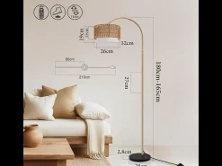 Lámpara de pie Nettlife Boho de ratán: lámpara arqueada regulable con mando a distancia, LED E27, estilo vintage, altura 165-180 cm, giro de 350°, color dorado