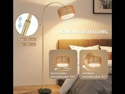 Lámpara de pie Nettlife Boho de ratán: lámpara arqueada regulable con mando a distancia, LED E27, estilo vintage, altura 165-180 cm, giro de 350°, color dorado